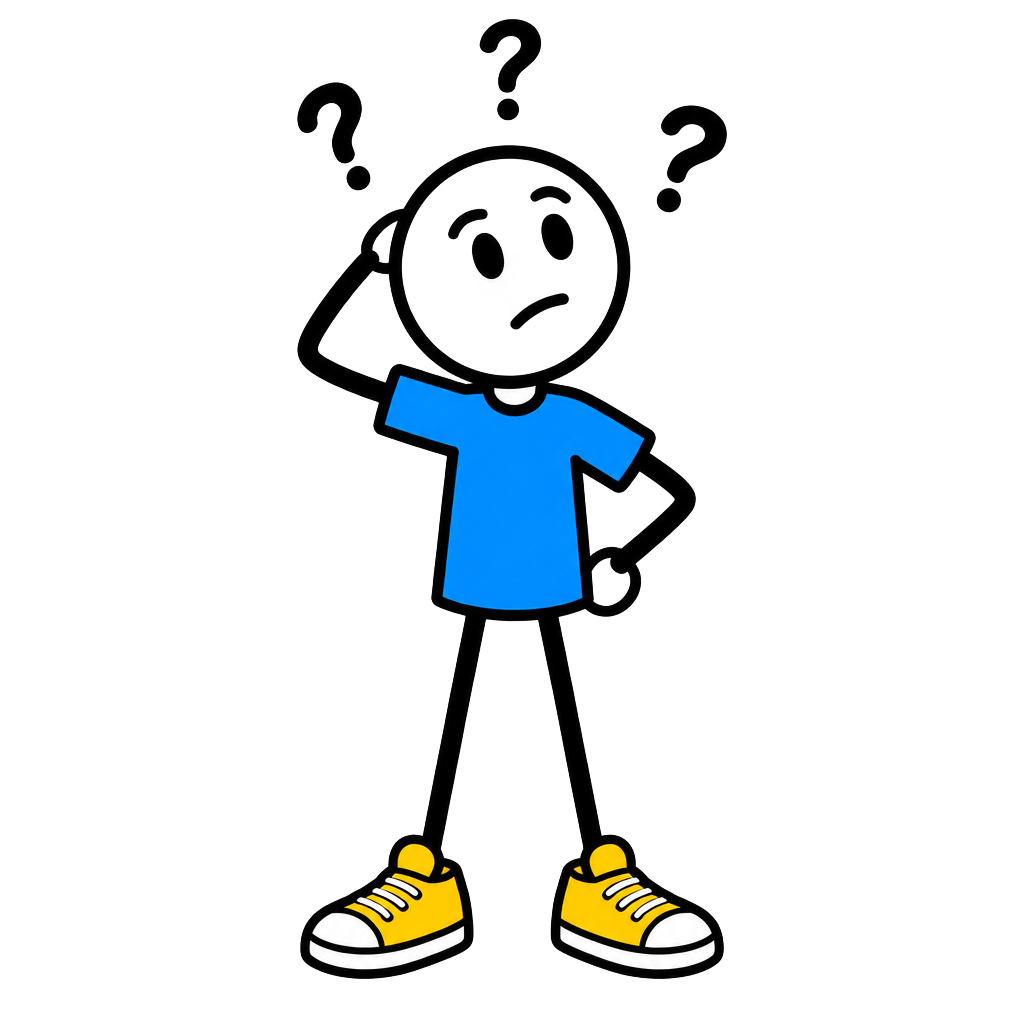 Nachdenklicher Stickman mit Fragezeichen